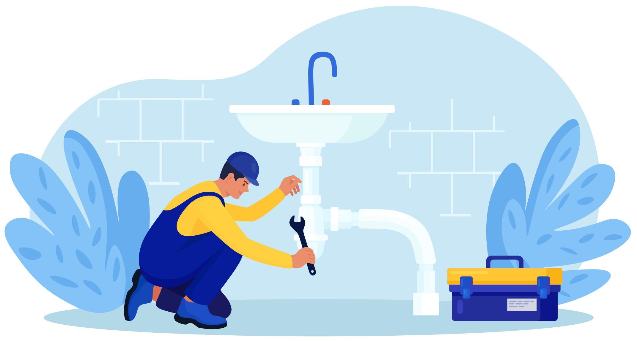 Illustrasjon av rørlegger reparerer vask
